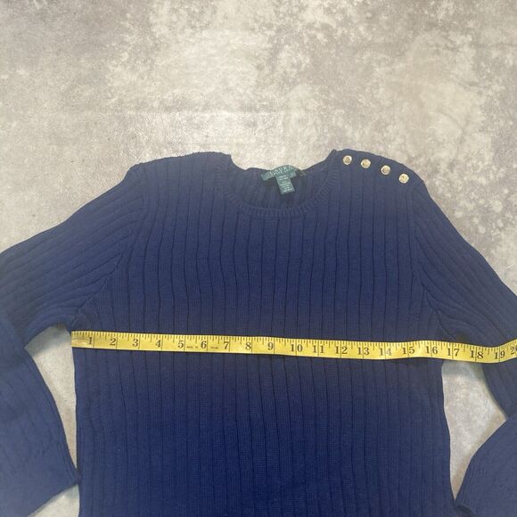 Ralph Lauren Sweater Womens Large‎ Ribbed Bootneck Blue Button Shoulder Basic - Picture 2 of 7
